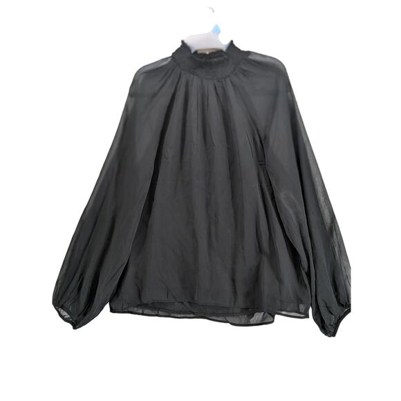 Joie Smocked Top S Black Sheer Long Sleeves Lined Keyhole Blouse High Mock Neck - Picture 14 of 14